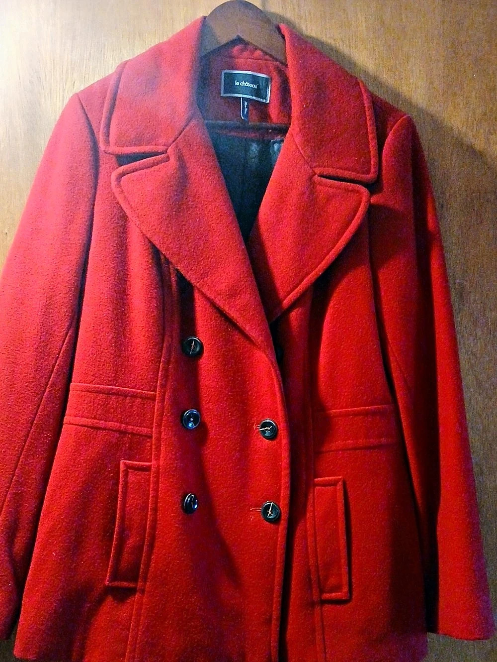 Vintage Le Chateau Red Double-Breasted Pea Wool Coat Size Large